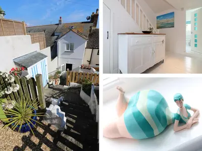 a collage of photos with a house and a beach ball at Ner Sea in Marazion