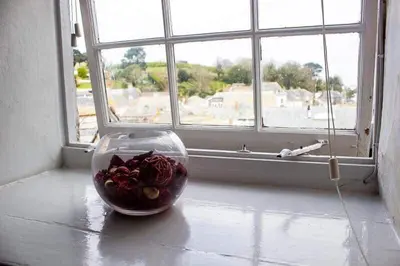a vase filled with roses sitting on a window sill at Drang house all rooms have stairs in Padstow