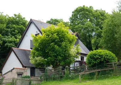 a white house with a tree in front of it at Demelza Cottage Apartment in Bodmin
