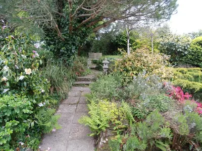 a garden with a bench and flowers and plants at The Cottage, Little Trembroath in Stithians