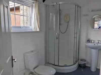 a bathroom with a shower and a toilet and a sink at The Cottage, Little Trembroath in Stithians