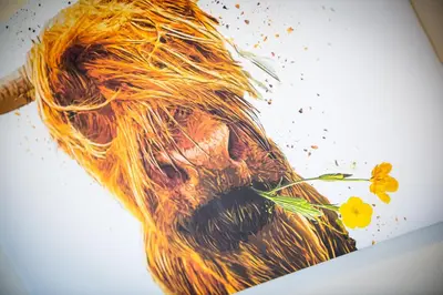 a painting of a man with a beard and flowers at Cargurra Park Farm in Boscastle