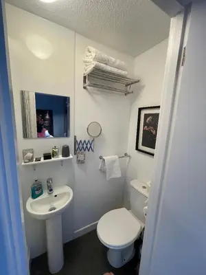 a white bathroom with a toilet and a sink at Skyline Guesthouse in Newquay