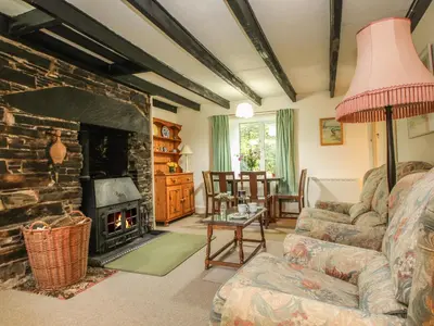 a living room with a couch and a fireplace at Mill Cottage in Tintagel