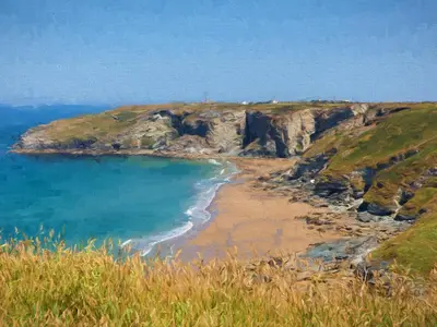 a painting of a beach next to the ocean at The Garden Apartment in Tintagel