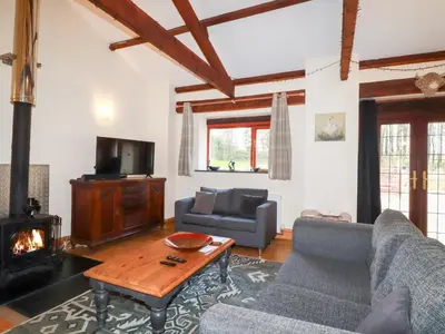 a living room with a couch and a fireplace at Kingfisher Barn in Liskeard