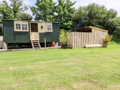 a green tiny house in a yard next to a fence at Bramble in Wadebridge