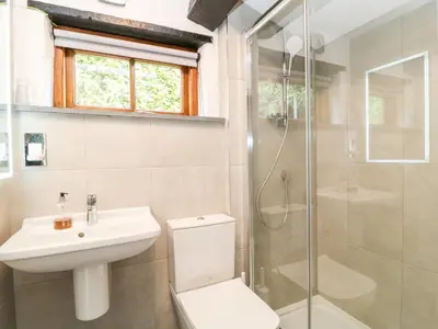 a bathroom with a toilet and a sink and a shower at Meadow Lea in Liskeard