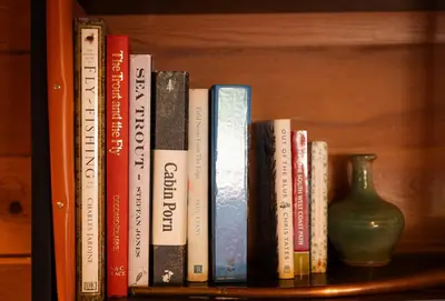a row of books on a shelf with a vase at Kingfisher Cabin, Butterwell Farm, Riverside cabin on 40-acre private estate in Bodmin