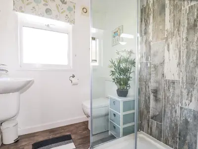 a bathroom with a shower and a toilet at Hunrosa in Redruth