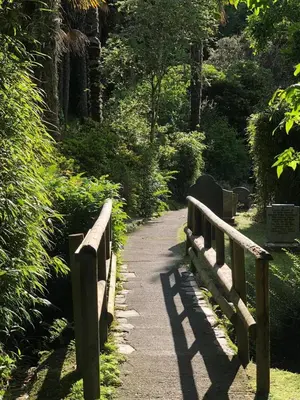 a path in a park with two wooden benches at Seaclusion in St Austell