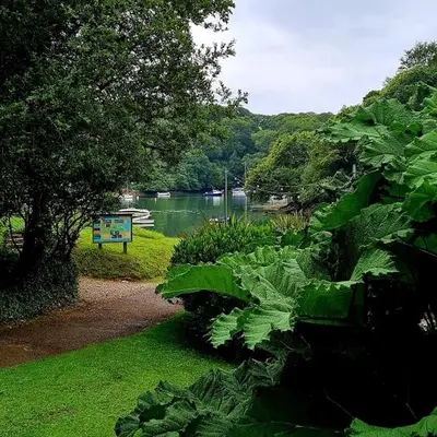 a park with a lake and plants and a sign at Budock Vean Hotel and Spa in Falmouth