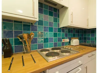 a kitchen counter with a stove top with blue tiles at Sand Martin in Looe