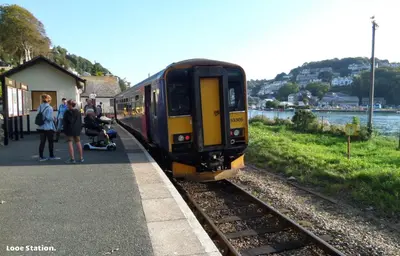 a train pulling into a train station with people waiting at Sand Martin in Looe