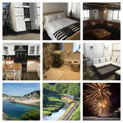 a collage of photos of a hotel room at The Old Vicarage in Looe