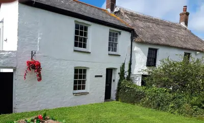 a white house with a thatched roof at Wrens Nook in St. Agnes