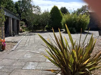 a garden with a stone walkway and a plant at Re-imagined Stone Barns in the Country Near the Coast in Padstow
