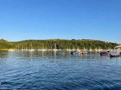 a group of boats are docked in a body of water at Fowey River Views in Fowey