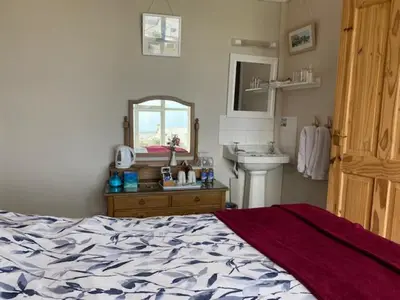 a bedroom with a bed and a sink and a mirror at Honeycombe House in Mevagissey