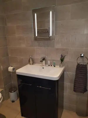 a bathroom with a white sink and a mirror at Primrose House in St Ives