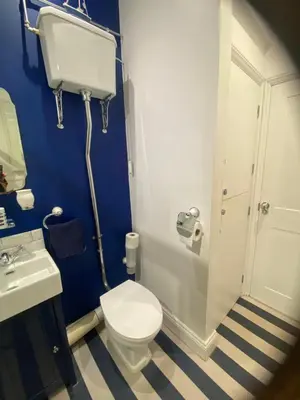 a bathroom with a white toilet and a sink at Little Dolly sea view 2 bedroom apartment, St Ives town, dog friendly in St Ives
