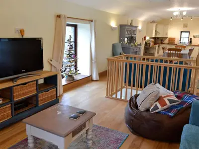 a living room with a television and a christmas tree at Trevellyan Barn in Lanivet