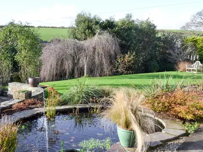 a garden with a pond and some plants at Moonrakers in Ruan Lanihorne