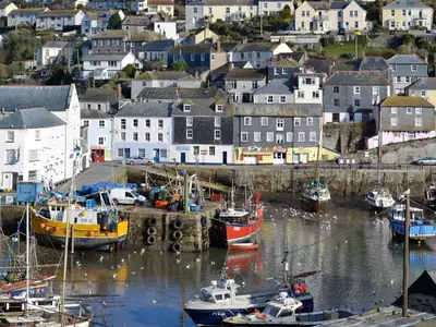 a group of boats are docked in a harbor at Penfose Apartment in Mevagissey