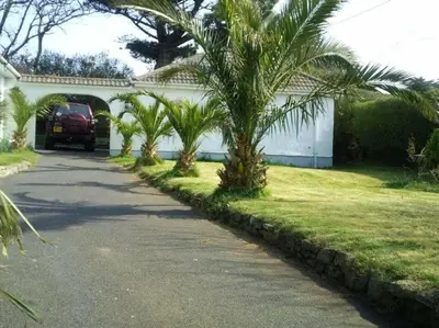 a car parked in a driveway with palm trees at Camellia Chalet in Germoe