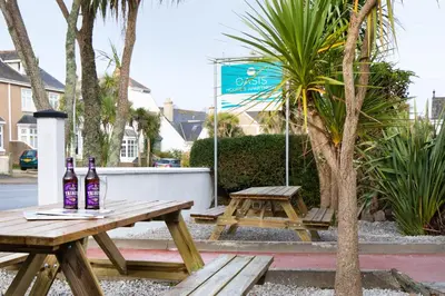 two picnic tables with bottles of wine sitting on them at Oasis House in Falmouth