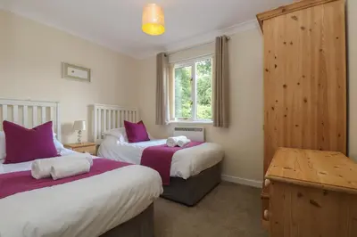 a bedroom with two beds and a window at Bramble Cottage in Falmouth