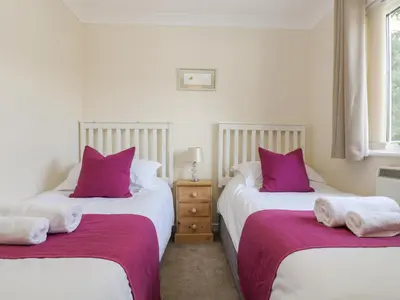 two beds in a room with purple pillows at Bramble Cottage in Falmouth