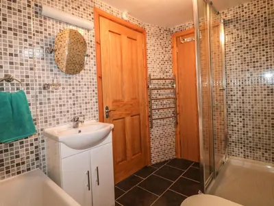 a bathroom with a sink and a toilet and a shower at Higher Kernick Stable in Bodmin