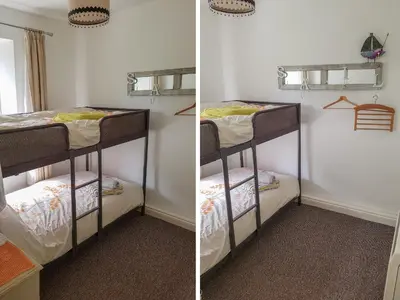 two pictures of a room with two bunk beds at The Old Sweet Shop in Par