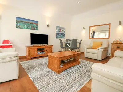 a living room with a couch and a tv at Willow in Falmouth