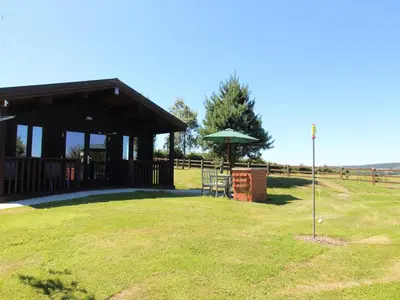 a pavilion with a table and an umbrella in a field at Holly Lodge in Bodmin