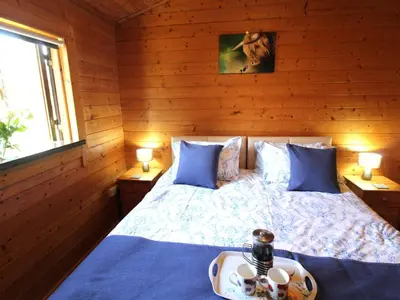 a bedroom with a bed with blue pillows at Hazel Lodge in Bodmin