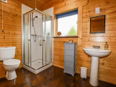 a bathroom with a shower and a toilet and a sink at Cherry Lodge in Bodmin