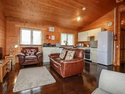 a living room with a leather couch and a refrigerator at Cedar Lodge in Bodmin