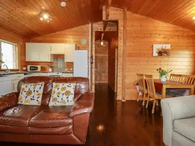 a living room with a leather couch and a kitchen at Cedar Lodge in Bodmin