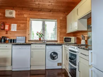 a kitchen with a washer and dryer at Cedar Lodge in Bodmin