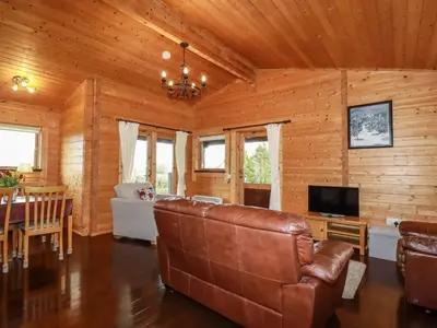 a living room with a couch and a television at Cedar Lodge in Bodmin
