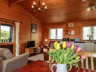 a living room with a vase of flowers on a table at Cedar Lodge in Bodmin
