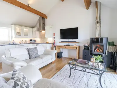 a living room with a white couch and a fireplace at Atlantic View in Tintagel