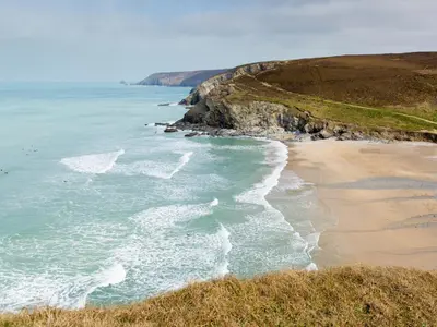 an aerial view of the ocean and a beach at Moor View Chapel in Camelford