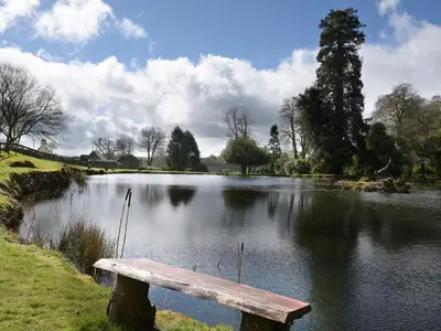 a wooden bench sitting in front of a lake at Little Retreat in Liskeard