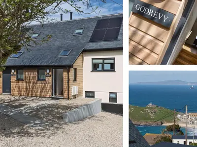 a collage of three pictures of a house with solar panels at Godrevy in St Ives
