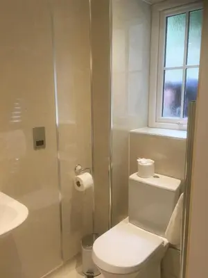 a white bathroom with a toilet and a shower at The Waterwheel in St Austell
