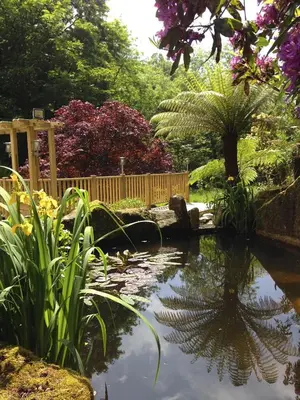 a pond in a garden with a fence and flowers at The Waterwheel in St Austell
