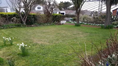 a yard with a lawn with white flowers at Sunways in Padstow